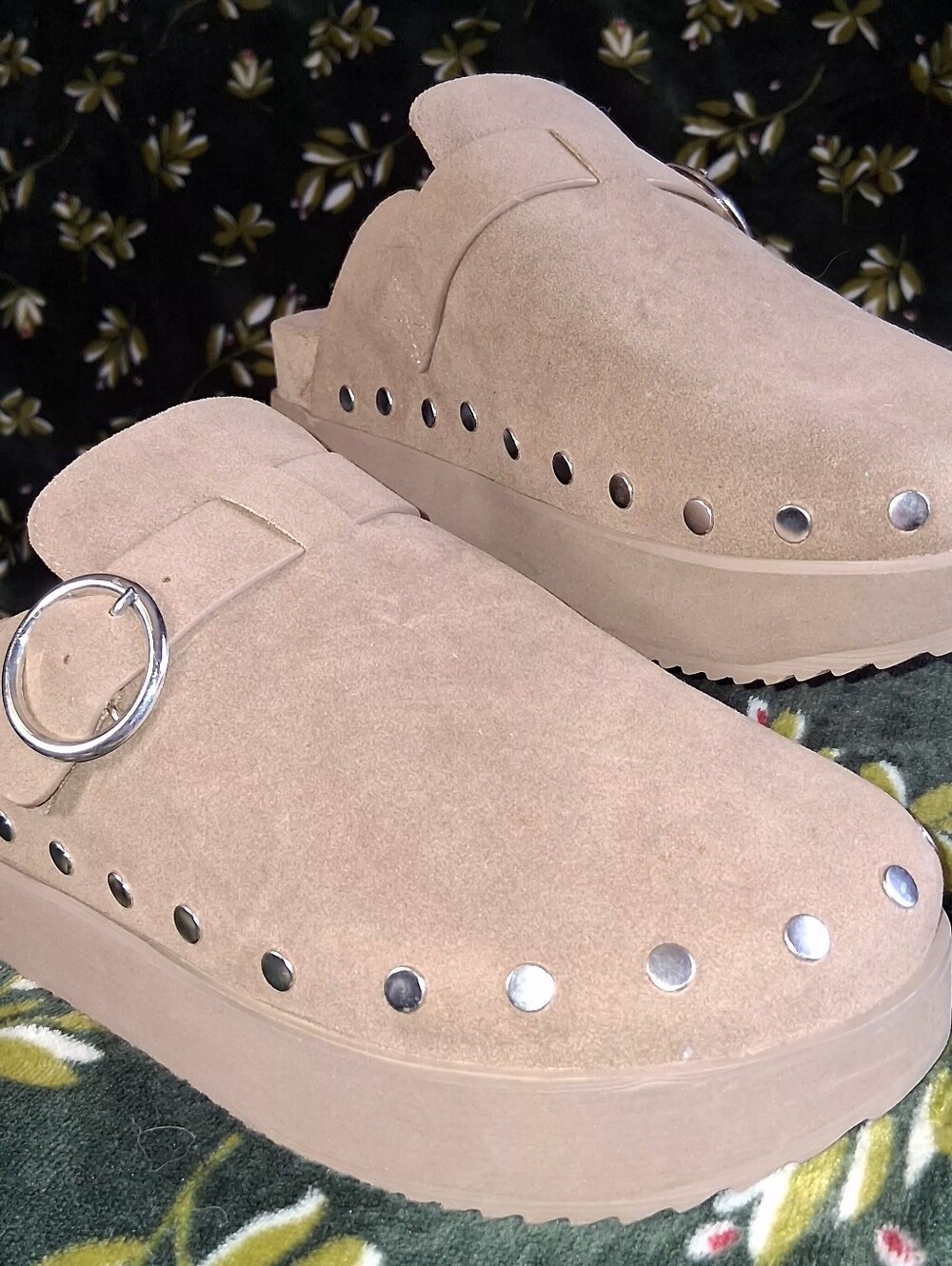 JustFab Tan Suede Platform Clogs with Silver Studs